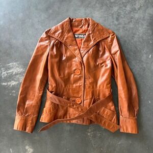 Vintage Winlit Cognac Brown Leather Belted Jacket Coat 70s Retro Boho